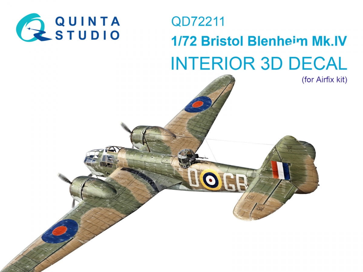 Intérieur imprimé en 3D et coloré sur papier décalcomanie Quinta Studio QD72211 Bristol Blenheim Mk.IV (Airfix) 1/72 