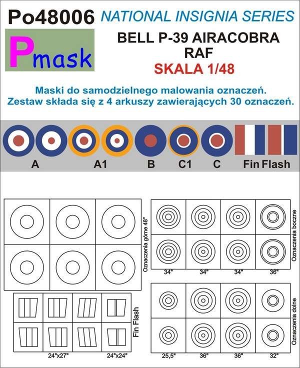 P-Mask PO48006 MASKI DO MALOWANIA OZNACZEŃ AIRACOBRA RAF 1/48