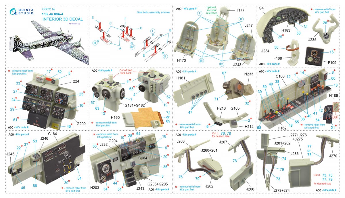 Quinta Studio QD32114 Ju 88A-4 3D-Printed &amp;amp; coloured Interior on decal paper ( Revell ) 1/32 – zdjęcie 2