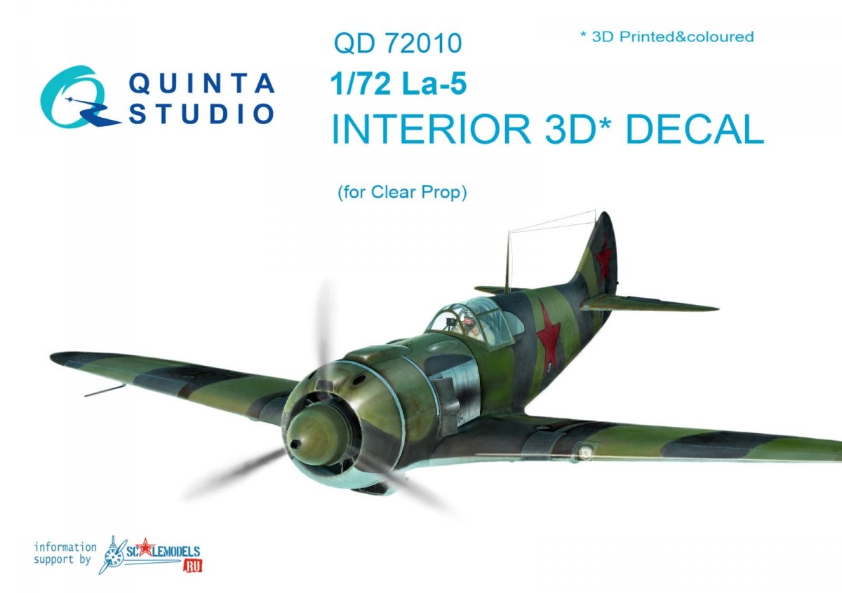 Quinta Studio QD72010 La-5 3D-Printed &amp;amp; coloured Interior on decal paper (for ClearProp kit) 1/72