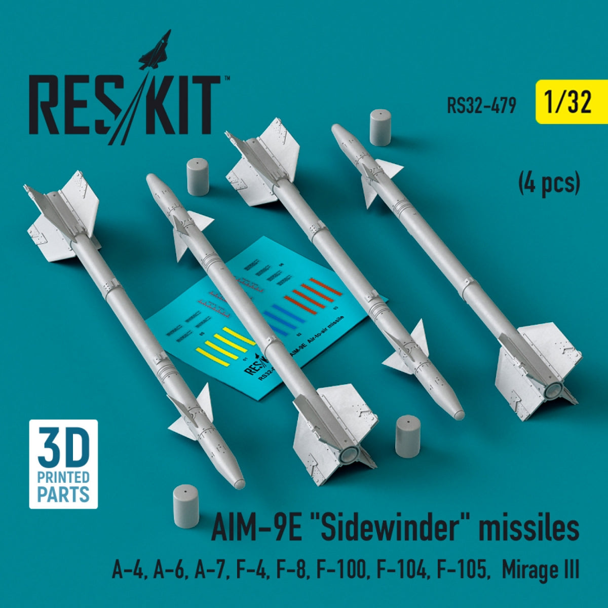 RESKIT RS32-0479 AIM-9E "Sidewinder" missiles (4 pcs) (3D Printed) 1/32