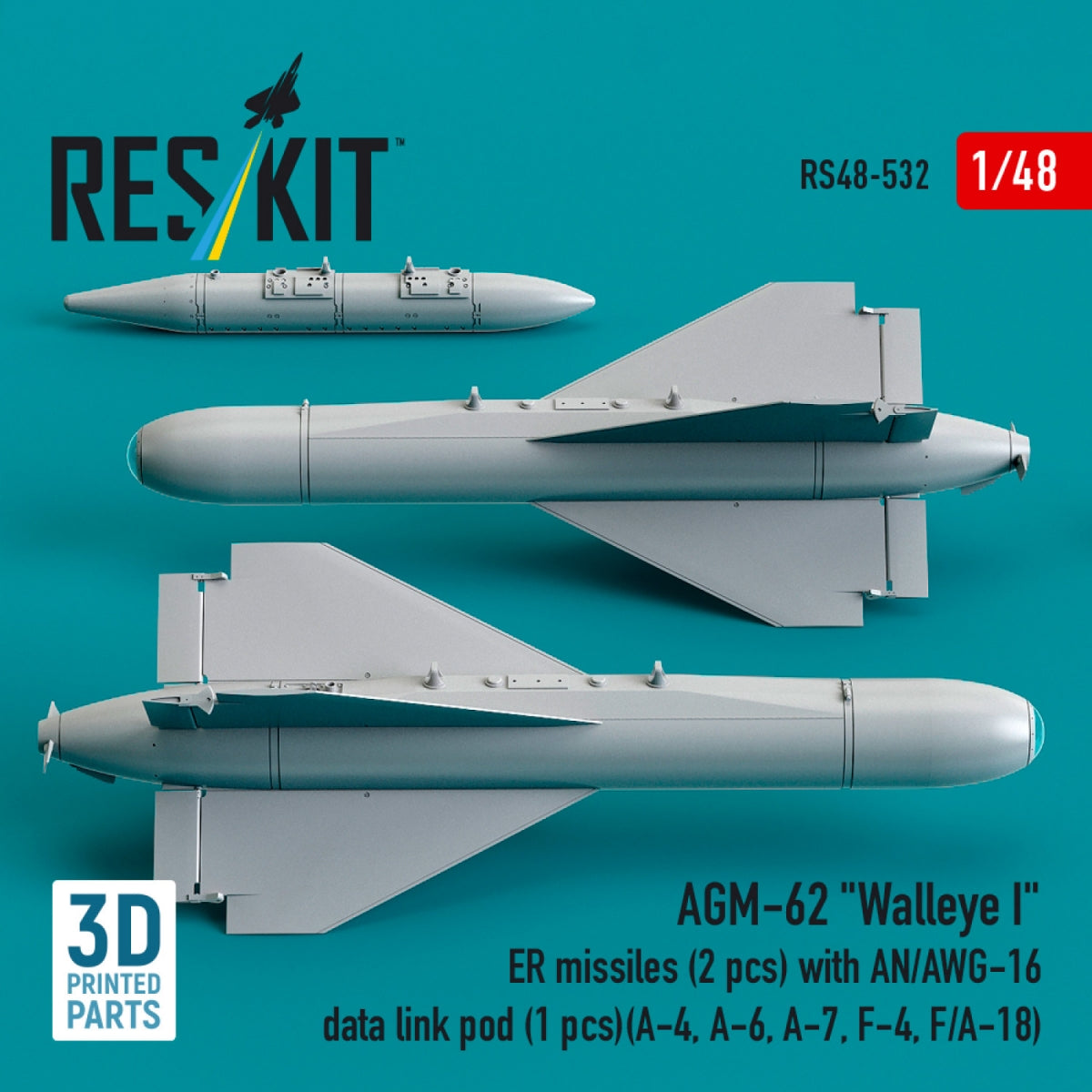 RESKIT RS48-0532 AGM-62 "Walleye I" ER missiles (2 pcs) with AN/AWG-16 data link pod (1 pcs) (A-4, A-6, A-7, F-4, F/A-18) (3D Printed) 1/48