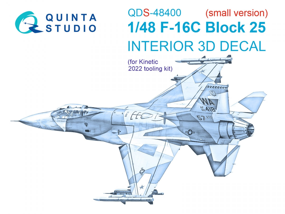 Quinta Studio QDS-48400 F-16C block 25 3D-Printed colored Interior on decal paper (Kinetic 2022 tool) (Small version) 1/48