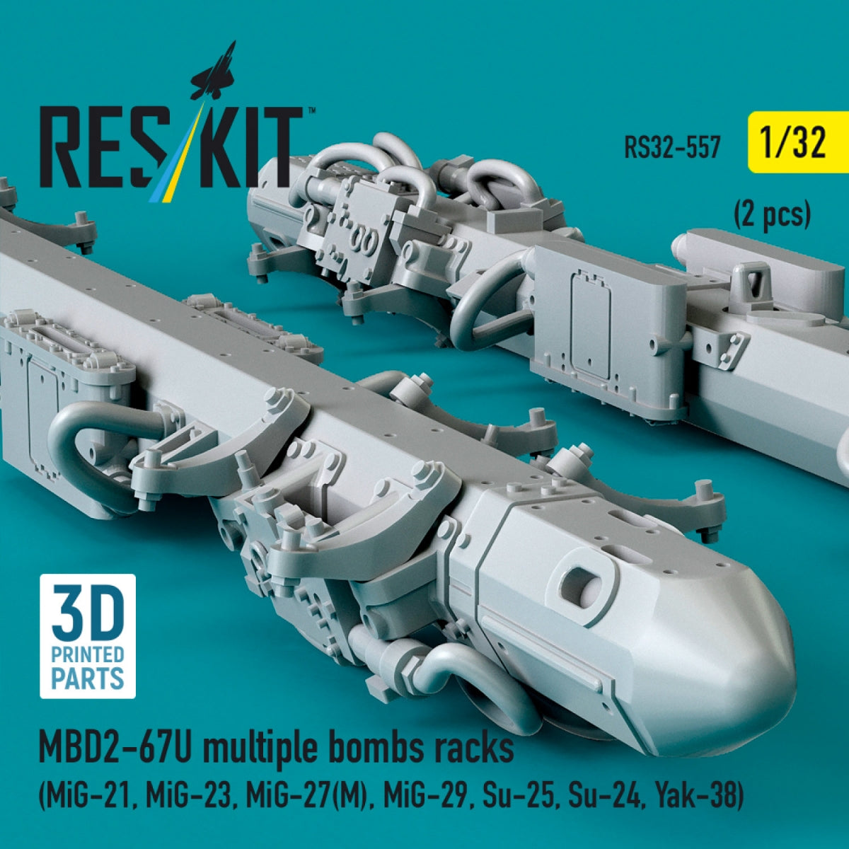 RESKIT RS32-0557 MBD2-67U multiple bombs racks (2 pcs) (MiG-21, MiG-23, MiG-27(М), MiG-29, Su-25, Su-24, Yak-38) (3D Printed) 1/32