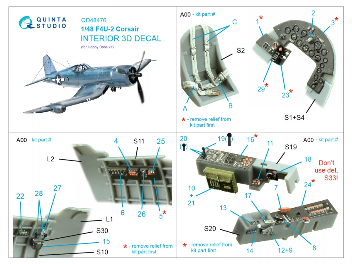 Quinta Studio QD48476 F4U-2 Corsair 3D-Printed coloured Interior on decal paper (Hobby Boss) 1/48 – immagine 2