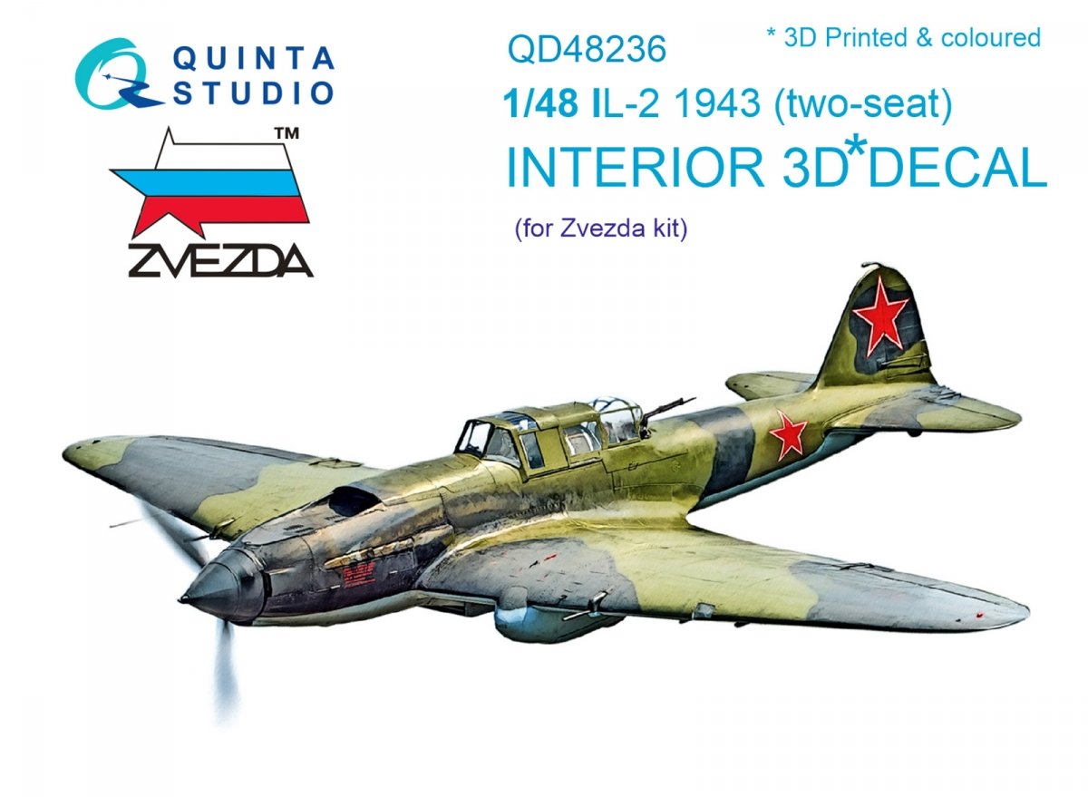 Quinta Studio QD48236 IL-2 1943 (two-seat) 3D-Printed &amp;amp; coloured Interior on decal paper (for Zvezda kit) 1/48
