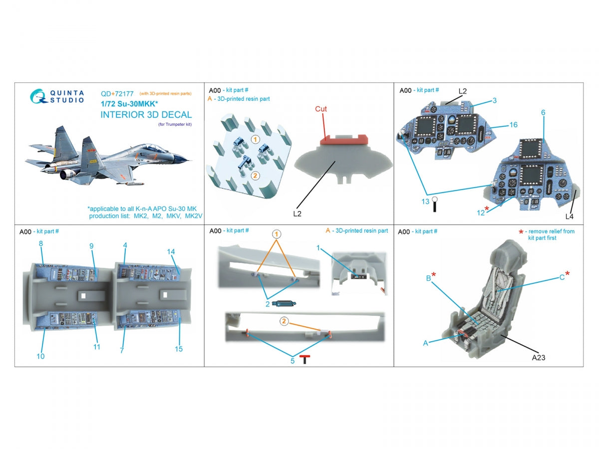 Quinta Studio QD+72177 Su-30MKK 3D-Printed &amp;amp; coloured Interior on decal paper (Trumpeter) (with 3D-printed resin part) 1/72 – zdjęcie 2