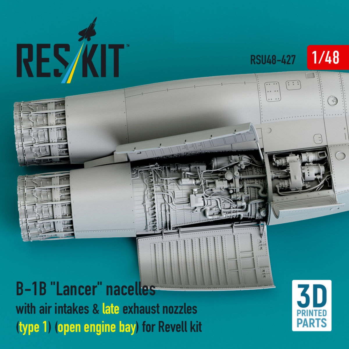 RESKIT RSU48-0427 B-1B "Lancer" nacelles with air intakes &amp; late exhaust nozzles (type 1) (open engine bay) for Revell kit (3D Printed) 1/48
