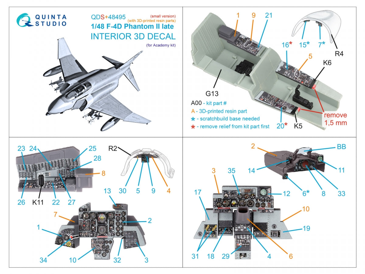 Quinta Studio QDS+48495 F-4D late Phantom II 3D-Printed &amp;amp; coloured Interior on decal paper (Academy) (Small version) (with 3D-printed resin parts) 1/48 – Bild 3
