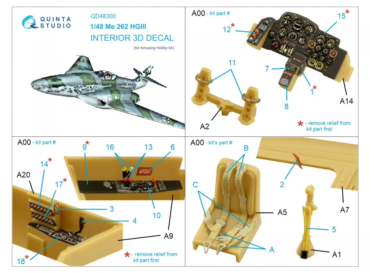 Quinta Studio QD48300 Me 262 HGIII 3D-Printed coloured Interior on decal paper (Amusing Hobby) 1/48 – Bild 2