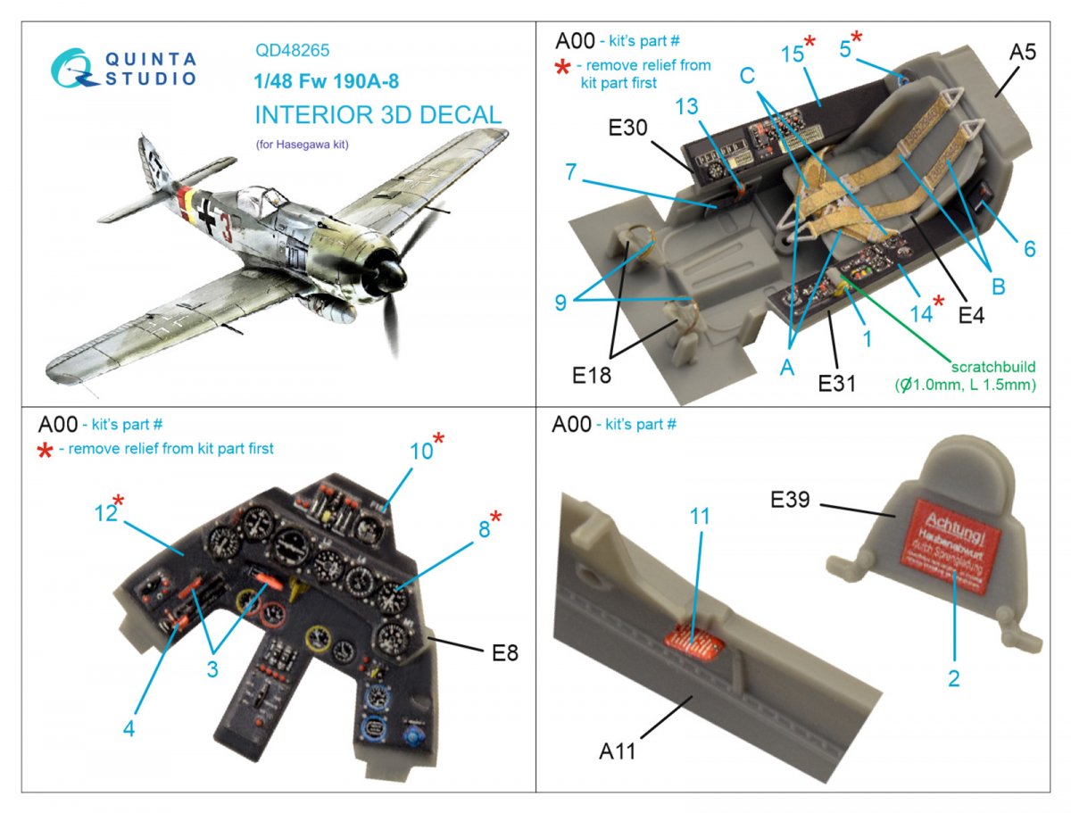 Quinta Studio QD48265 Fw 190A-8 3D-Printed &amp;amp; coloured Interior on decal paper ( Hasegawa ) 1/48 – imagen 2