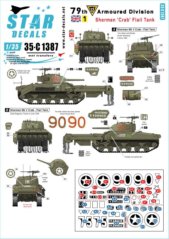 Star Decals 35-C1387 Sherman &amp;#39;Crab&amp;#39; Flail tank. British 79th Armoured Division. Based on the Sherman Mk V. 1/35