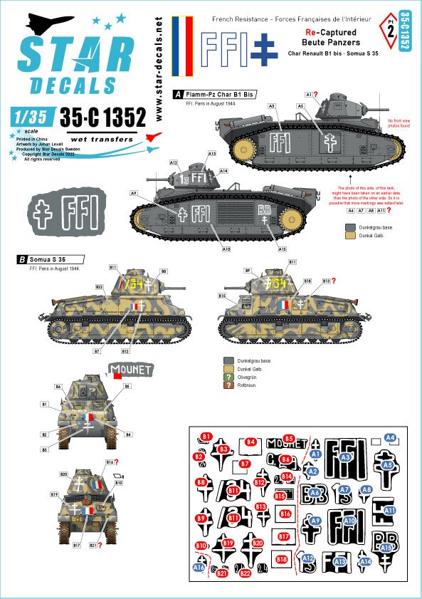 Star Decals 35-C1352 FFI 2. Beute-Panzers repris. Résistance française - Forces Françaises de l&amp;#39;Intérieur 1/35