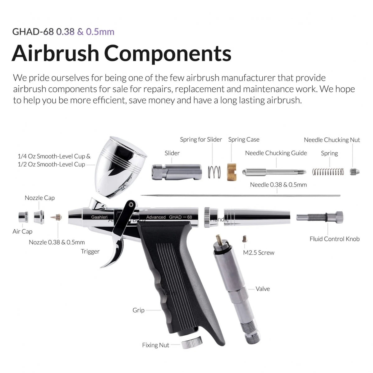 Gaahleri 40140 Advanced Series GHAD-68 Airbrush 0,38 mm &amp; 0,5 mm, 1/4 oz &amp; 1/2 oz
