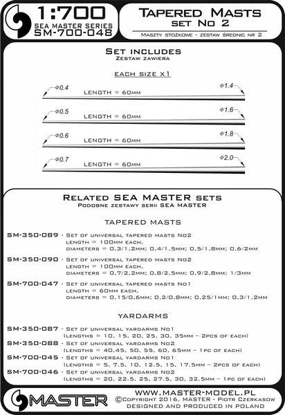 Master SM-700-048 Set of universal tapered masts No2 (length = 60mm each, diameters = 0,4/1,4mm; 0,5/1,6mm; 0,6/1,8mm; 0,7/2mm) 1/700 – Bild 3