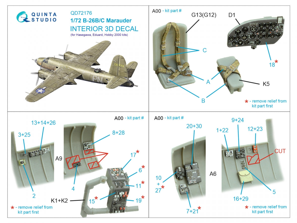 Quinta Studio QD72176 B-26B Marauder 3D-Printed &amp;amp; coloured Interior on decal paper (Hasegawa/ Eduard/ Hobby2000) 1/72 – immagine 3