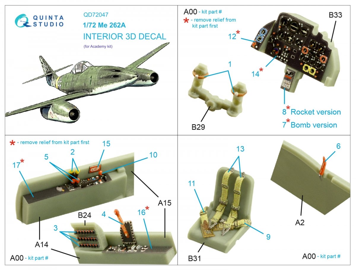 Intérieur du Me-262A imprimé en 3D et coloré, modèle Quinta Studio QD72047 (Academy), échelle 1/72 – image 2