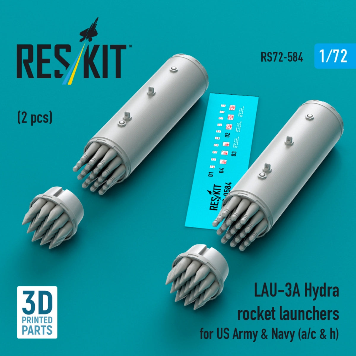 RESKIT RS72-0584 LAU-3A Hydra rocket launchers for US Army & Navy (a/c & h) (2pcs) (3D Printed) 1/72