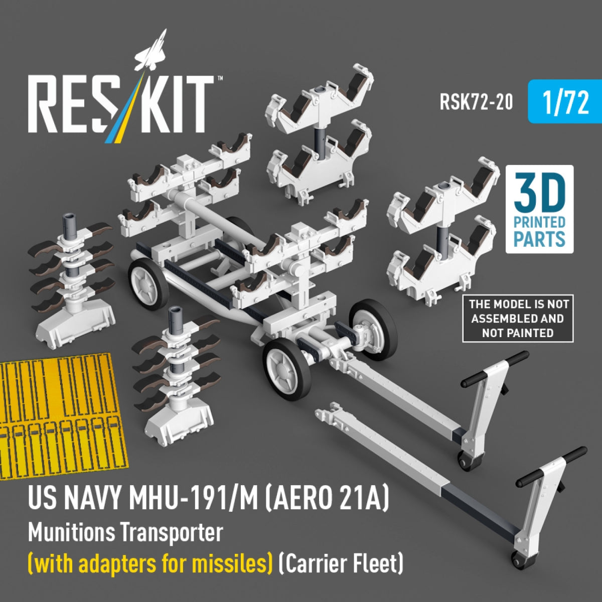 RESKIT RSK72-0020 US NAVY MHU-191/M (AERO 21A) Munitions Transporter (with adapters for missiles) (Carrier Fleet, C-130) (3D Printed model kit) 1/72 – immagine 2