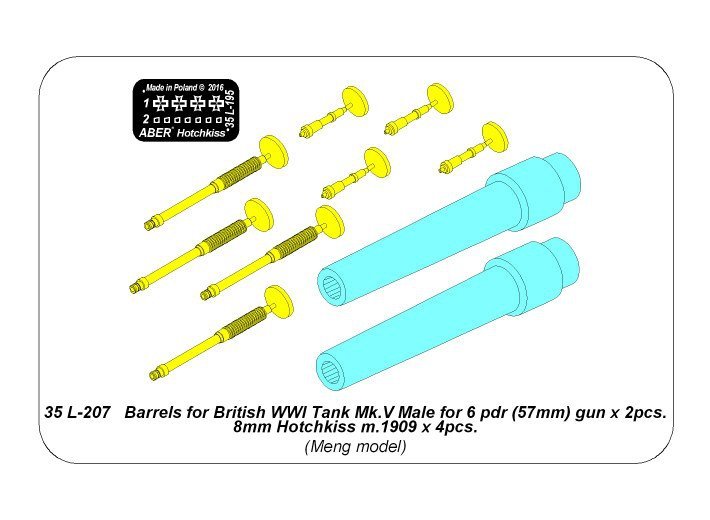 Aber 35L-207 Barrels for British WWI Tank Mk.V Male for 6 pdr (57mm) gun x 2pcs. 8mm Hotchkiss m.1909 x 4pcs. 1/35 – imagen 7