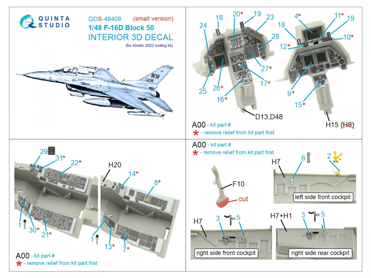 Quinta Studio QDS-48408 F-16D block 50 3D-Printed &amp;amp; coloured Interior on decal paper (Kinetic 2022 tool) (small) 1/48 – Bild 2