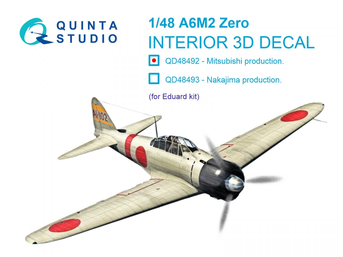 Intérieur coloré imprimé en 3D sur papier décalcomanie (Eduard) Quinta Studio QD48492 A6M2 Zero Mitsubishi Production 1/48 