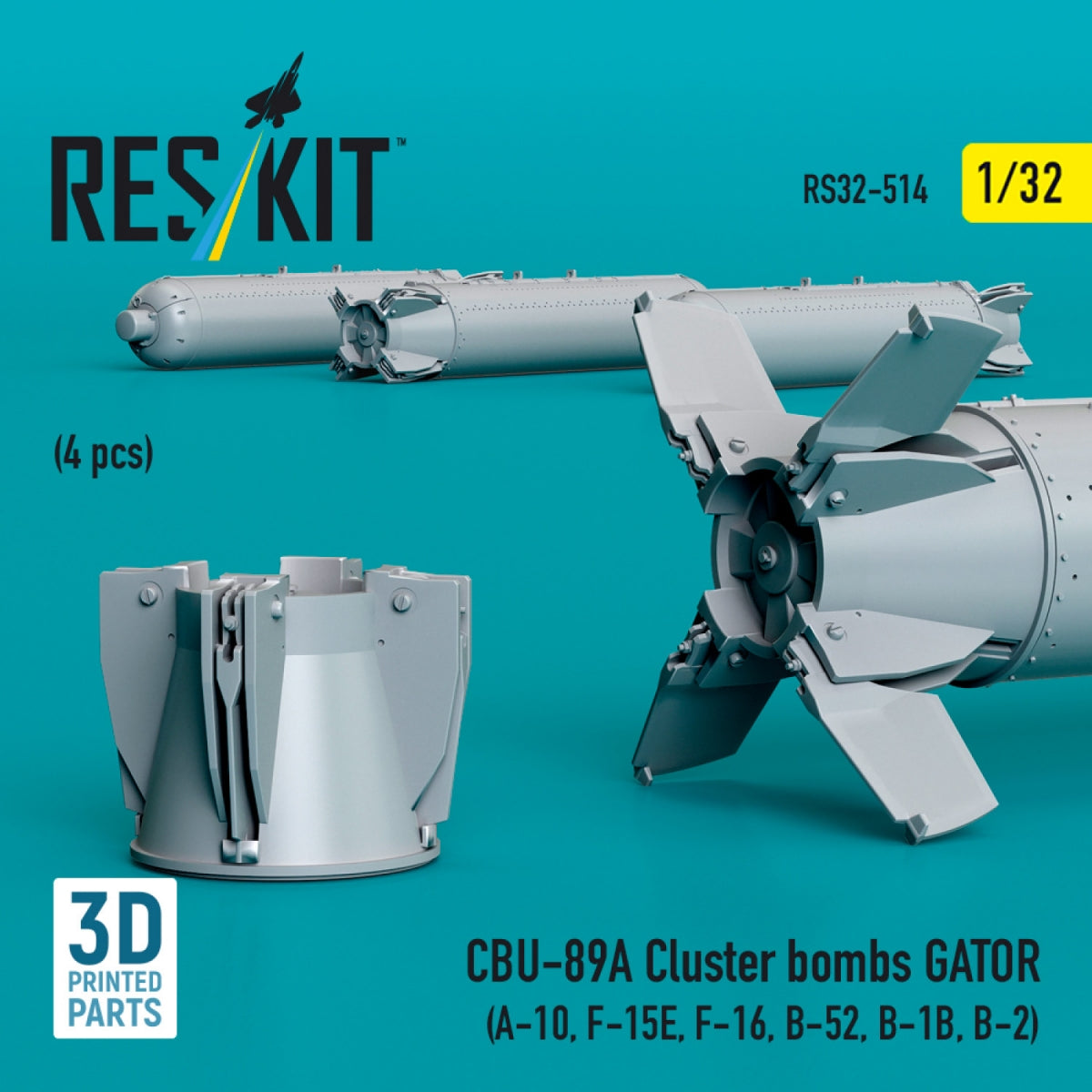 RESKIT RS32-0514 CBU-89A cluster bombs GATOR (4 pcs) (3D Printed) 1/32 – imagen 3