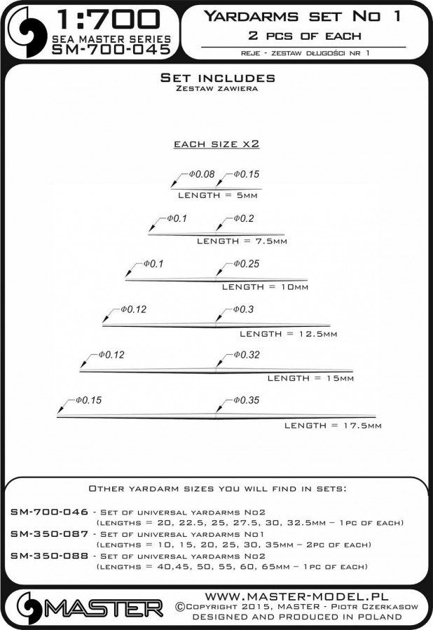 Master SM-700-045 Set of universal yardarms No1 (lengths = 5, 7.5, 10, 12.5, 15, 17.5mm - 2pcs of each) 1/700 – immagine 3