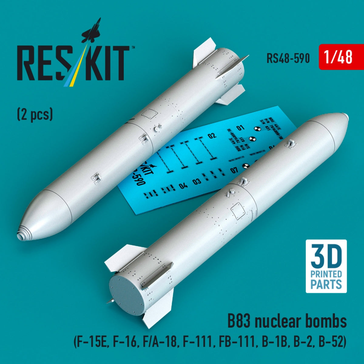 RESKIT RS48-0590 B83 nuclear bombs (2 pcs) (F-15E, F-16, F/A-18, F-111, FB-111, B-1B, B-2, B-52) (3D Printed) 1/48