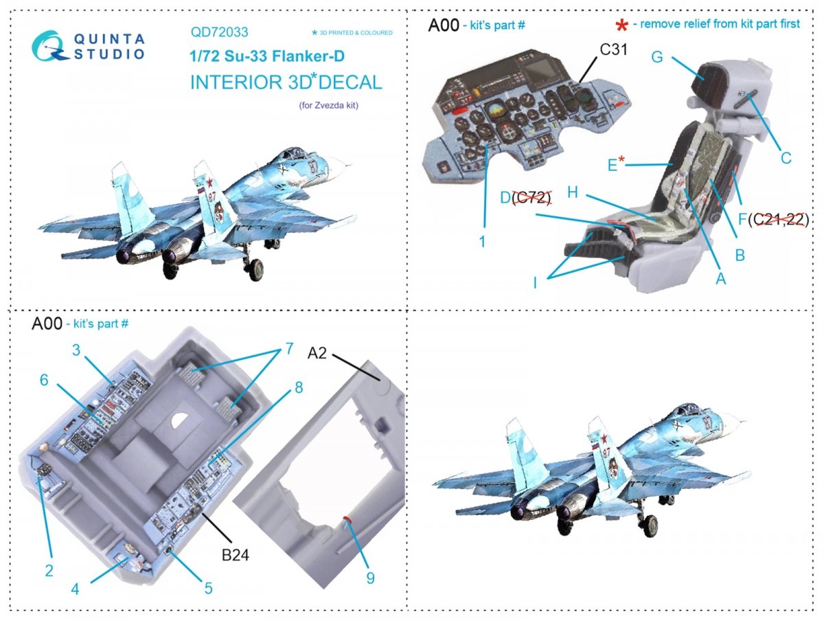 Quinta Studio QD72033 Su-33 Intérieur imprimé et coloré en 3D sur papier décalque (Zvezda) 1/72 – image 5