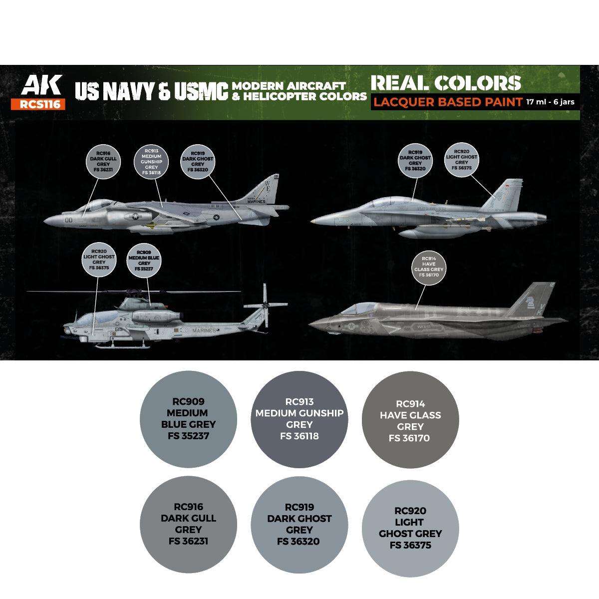AK Interactive RCS116 US Navy and USMC Modern Aircraft and Helicopter Colors 6x17ml – Bild 2