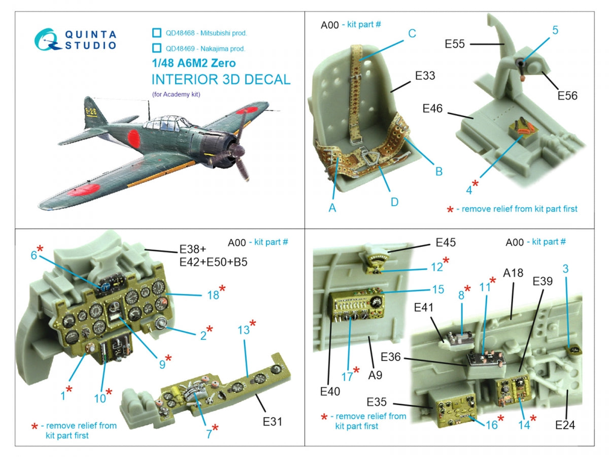 Quinta Studio QD48468 A6M2 Zero (Mitsubishi Prod.) 3D-Printed coloured Interior on decal paper (Academy) 1/48 – immagine 2