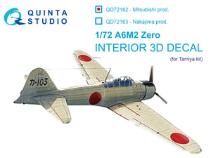 Quinta Studio QD72162 A6M2 Zero (Mitsubishi Prod.) 3D-Printed colored Interior on decal paper (Tamiya) 1/72