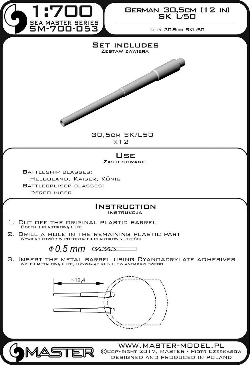 Master SM-700-053 Lufy niemieckich dział 30,5cm/50 (12in) SK L/50 (12 szt.) - używane na okrętach Helgoland, Kaiser, König i Derfflinger 1/700 – immagine 3