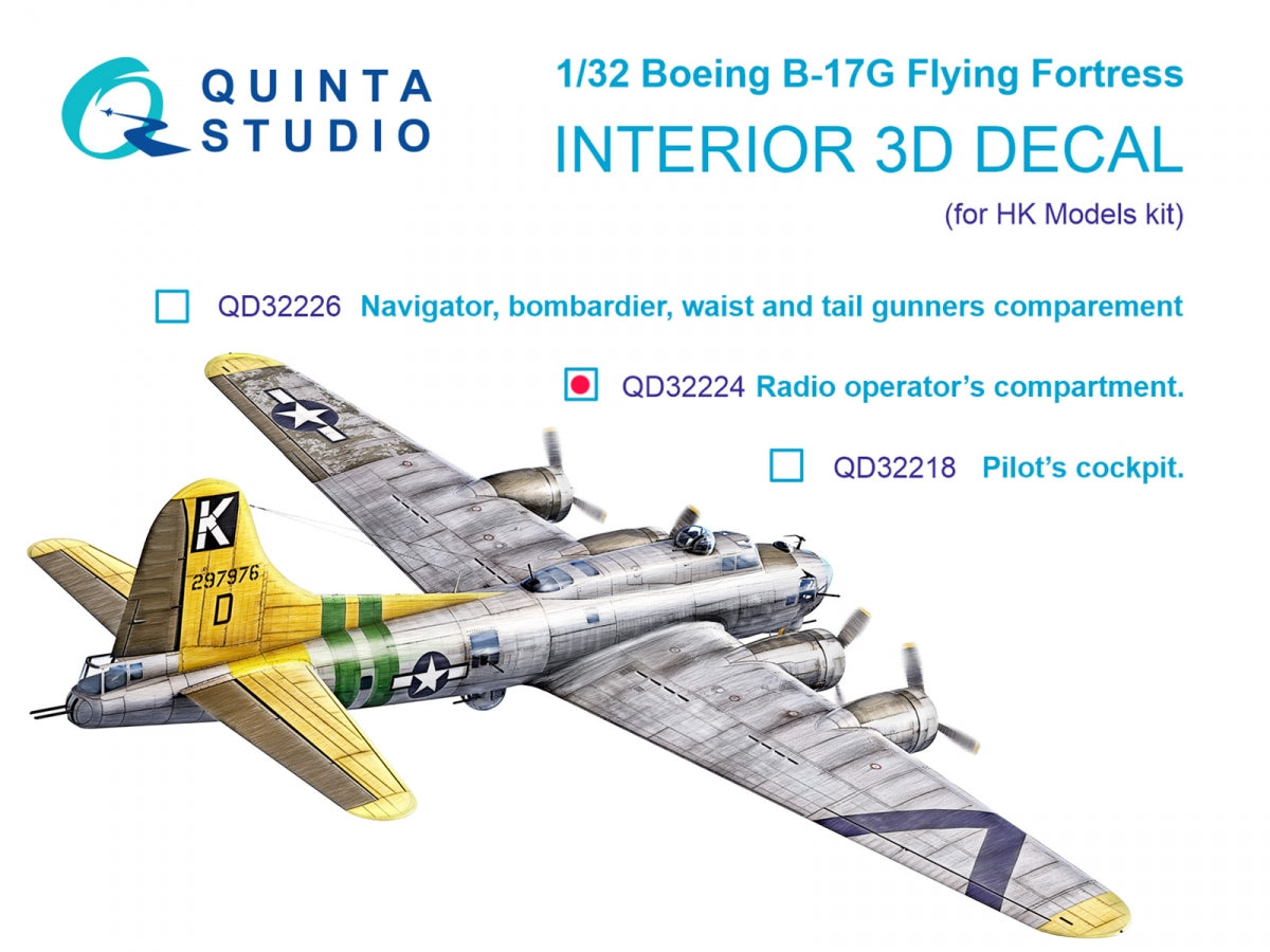 Quinta Studio QD32224 Boeing B-17G Radio operator&amp;#39;s compartment. 3D-Printed coloured Interior on decal paper (HK models) 1/32