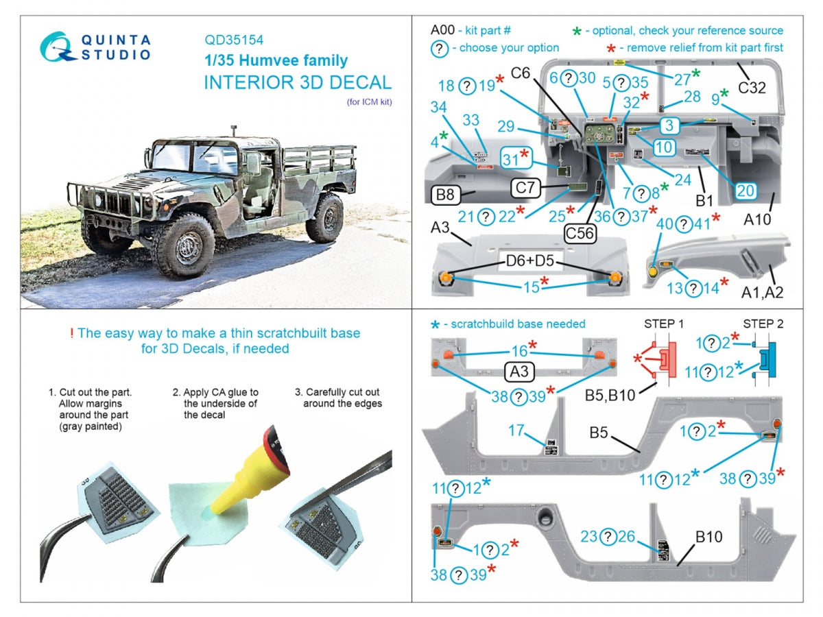 Quinta Studio QD35154 Humvee family 3D-Printed &amp;amp; colored Interior on decal paper (ICM) 1/35 – image 2