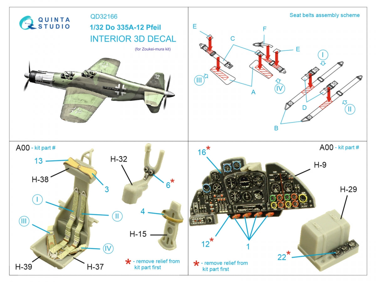 Quinta Studio QD32166 Do 335A-12 3D-Printed &amp;amp; coloured Interior on decal paper (Zoukei-Mura) 1/32 – immagine 2