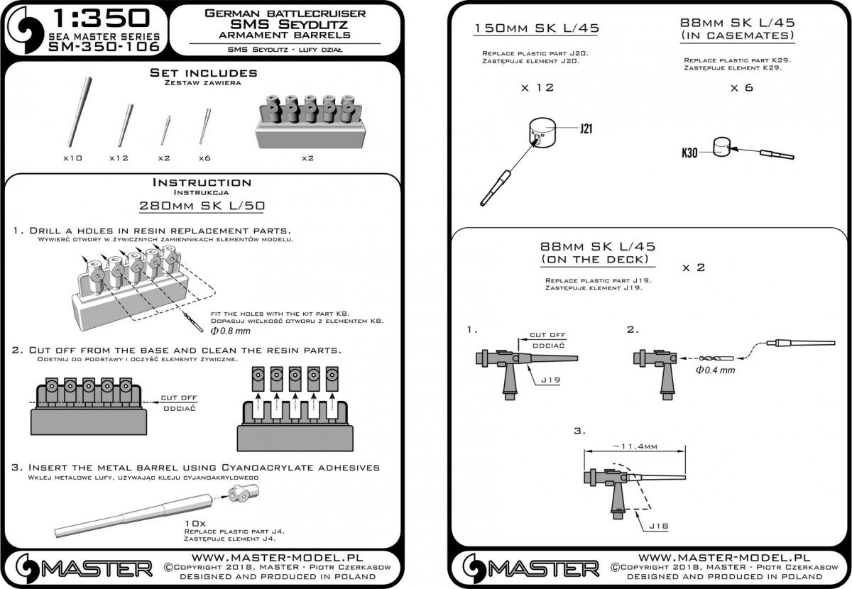 Master SM-350-106 Uzbrojenie SMS Seydlitz - lufy 280mm (10szt.), 150mm (12szt.), 88mm (8 szt.) z żywicznymi elementami do osadzenia luf (do modelu Hobby Boss) 1/350 – imagen 5