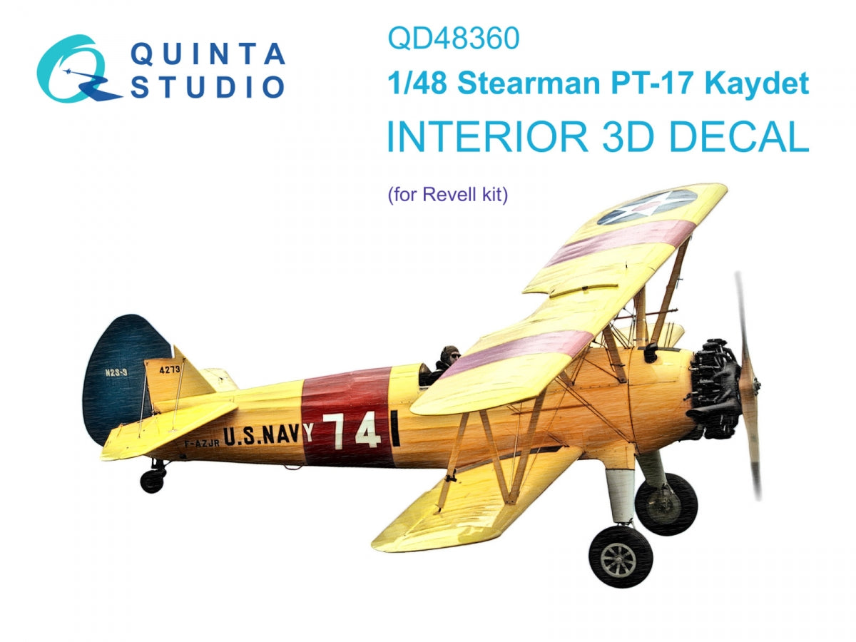 Quinta Studio QD48360 Stearman Pt-17 Kaydet 3D-Printed &amp; colored Interior on decal paper (Revell) 1/48