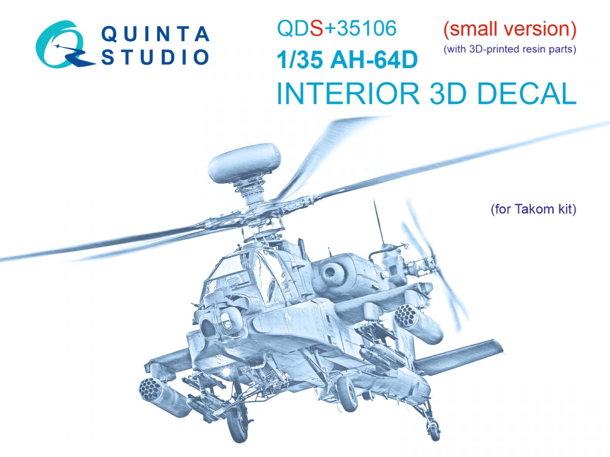 Quinta Studio QDS+35106 AH-64D 3D-Printed &amp;amp; coloured Interior on decal paper (Takom) (Small version) (with 3D-printed resin parts) 1/35