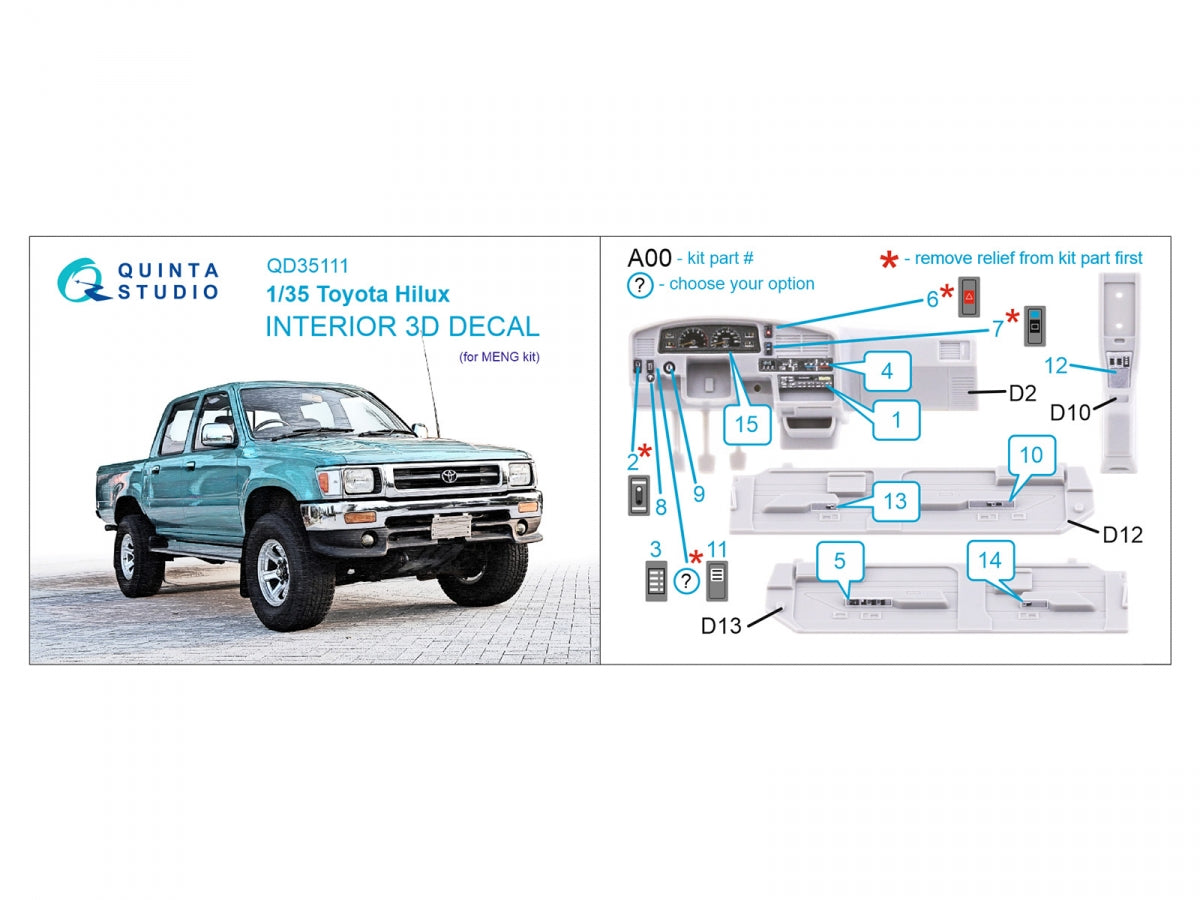 Quinta Studio QD35111 Toyota Hilux 3D-Printed &amp;amp; coloured Interior on decal paper (MENG) 1/35 – zdjęcie 2