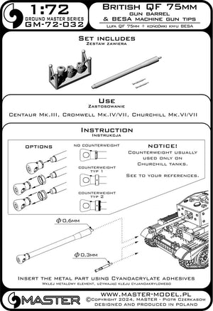 Master GM-72-032 Brytyjskie działo QF 75mm + końcówki km-u Besa - Centaur Mk.III, Cromwell Mk.IV/VII, Churchill Mk.VI/VII i inne 1/72 – immagine 7