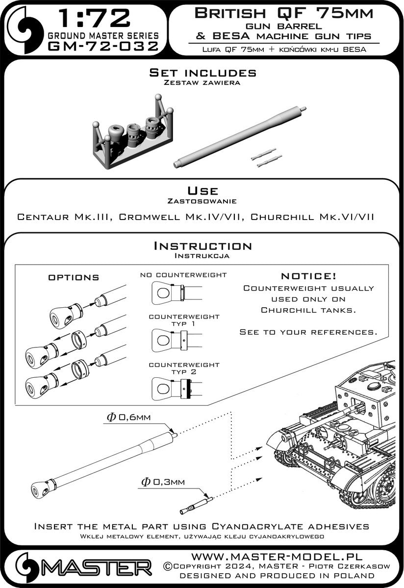 Master GM-72-032 Brytyjskie działo QF 75mm + końcówki km-u Besa - Centaur Mk.III, Cromwell Mk.IV/VII, Churchill Mk.VI/VII i inne 1/72 – immagine 7