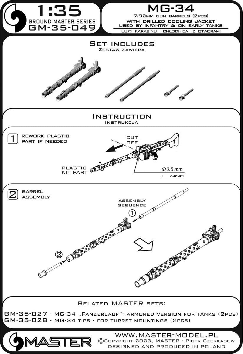 Master GM-35-049 MG-34 (7.92mm) - German machine gun barrels - version with drilled cooling jacket - used by infantry and on early tanks (2pcs) 1/35 – immagine 4