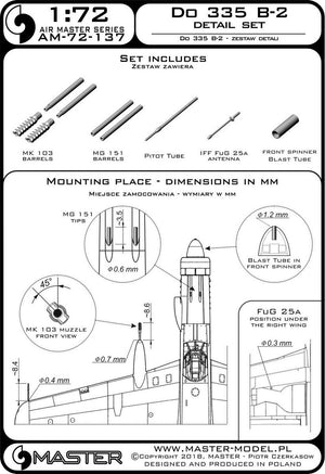 Master AM-72-137 Do 335 B-2 – zestaw detali – MG 151, końcówka MK-103, antena FuG 25a, rurka Pitota 1/72 – immagine 3