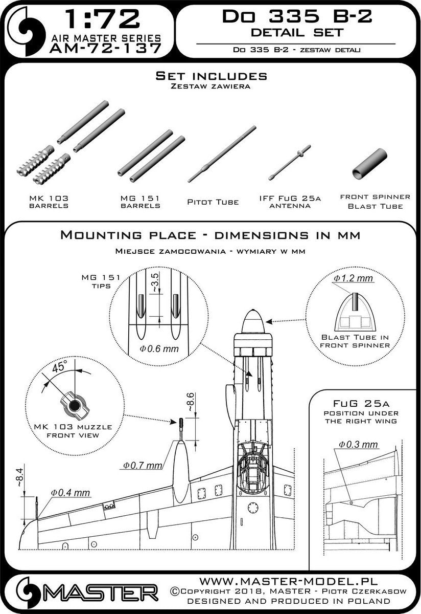 Master AM-72-137 Do 335 B-2 – zestaw detali – MG 151, końcówka MK-103, antena FuG 25a, rurka Pitota 1/72 – immagine 3