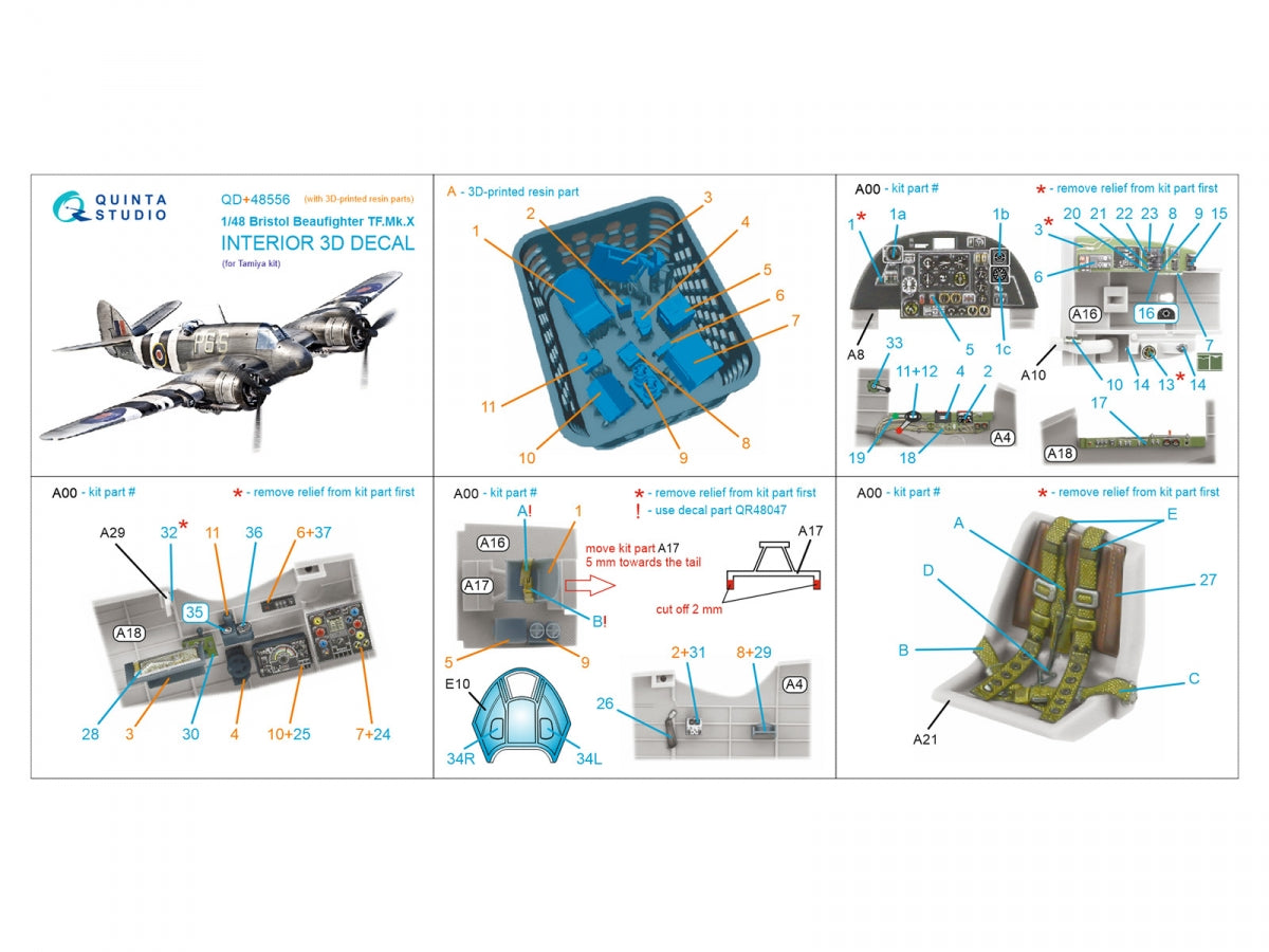 Quinta Studio QD+48556 Bristol Beaufighter TF.Mk.X 3D-Printed &amp;amp; coloured Interior on decal paper (Tamiya) (with 3D-printed resin parts) 1/48 – immagine 2
