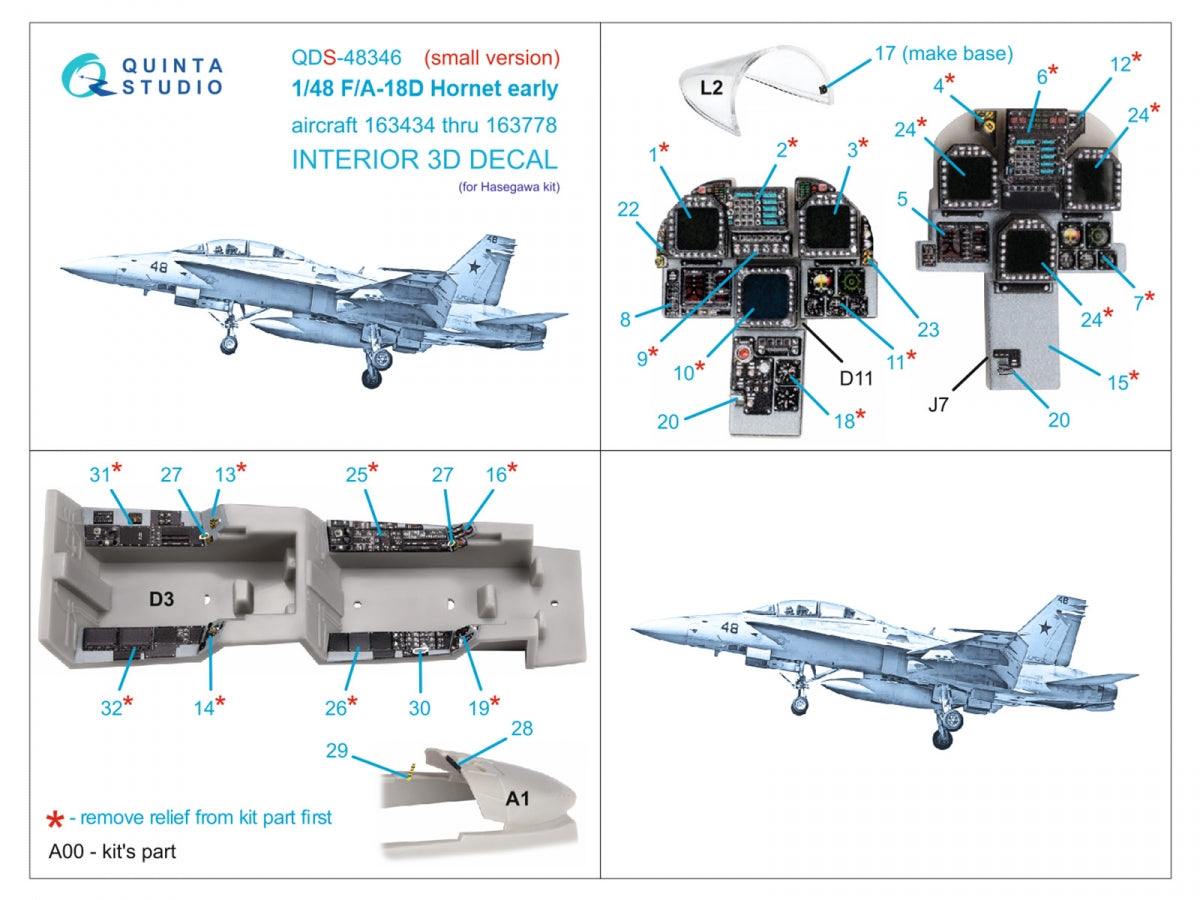 Quinta Studio QDS-48346 FA-18D early 3D-Printed &amp;amp; coloured Interior on decal paper (Hasegawa) (small version) 1/48 – imagen 2