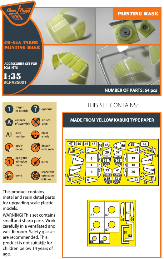 Clear Prop! CPA35001 CH-54 painting mask on &amp;quot;yellow kabuki paper&amp;quot; for ICM kit 53054 1/35 – immagine 2
