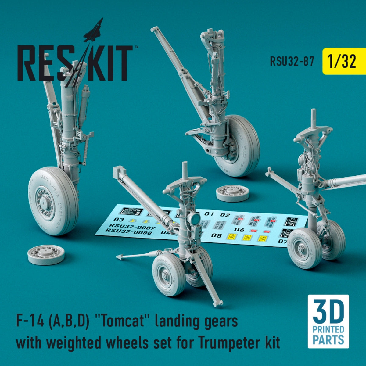 RESKIT RSU32-0087 F-14 (A,B,D) « TOMCAT » : train d&amp;#39;atterrissage avec roues lestées pour maquette Trumpeter (impression 3D) 1/32
